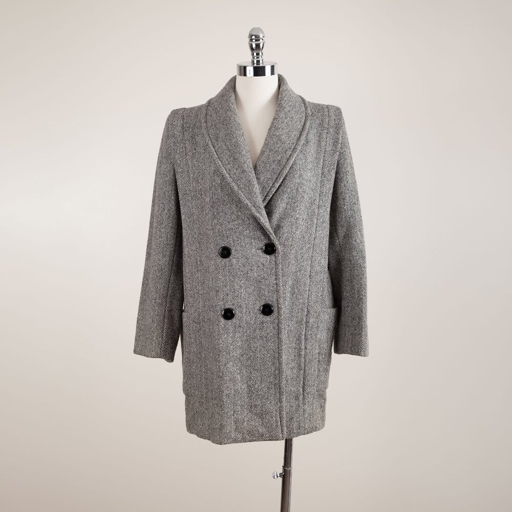 Vintage 80s Women's Wool Herringbone Tweed Double Breasted Coat